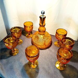 Tiara Indiana Glass, Amber Sandwich Pattern, Decanter  (7) Wine Glasses